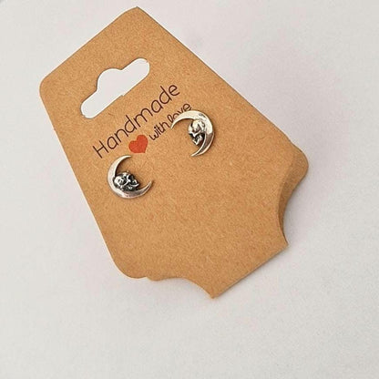Handmade Gothic Skull Crescent Stud Earrings: 925 Sterling Silver