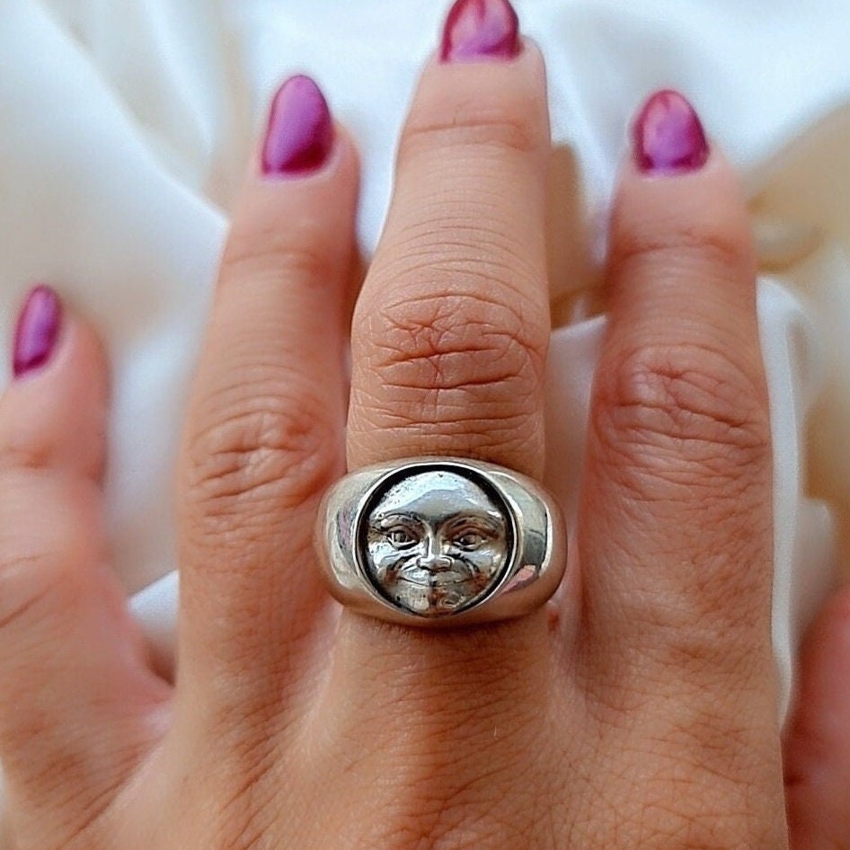 Handmade Sterling Silver Moon Face Ring - Celestial Jewelry