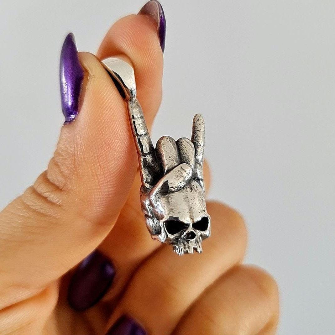 Sterling Silver Rock On Skull Pendant: Punk Gothic Jewelry