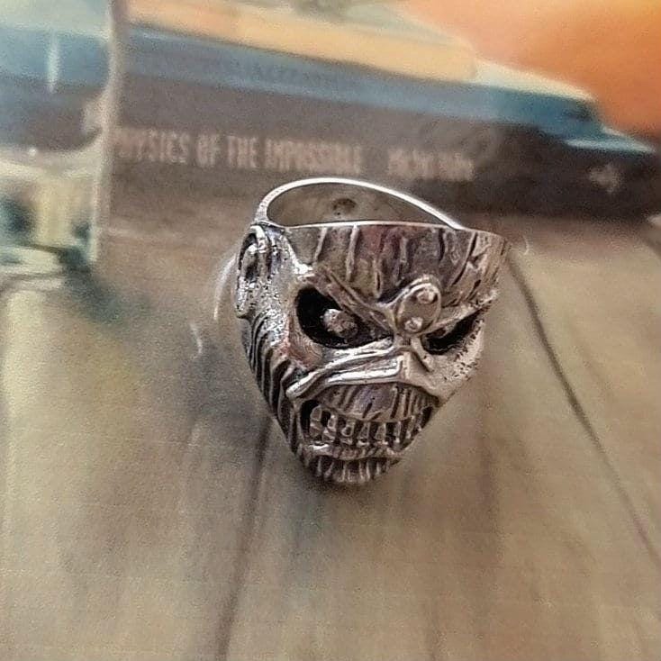 Handmade Sterling Silver Iron Maiden Eddie Skull Ring - Biker Punk Rock