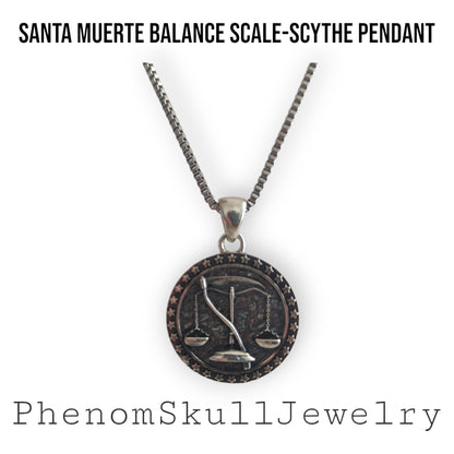 Saint Death's Balance Scale Pendant - Sterling Silver Scythe Necklace - La Santa Muerte necklace -