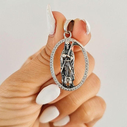 Handmade Silver Santa Muerte Pendant: Gothic Scythe Amulet with Zirconia