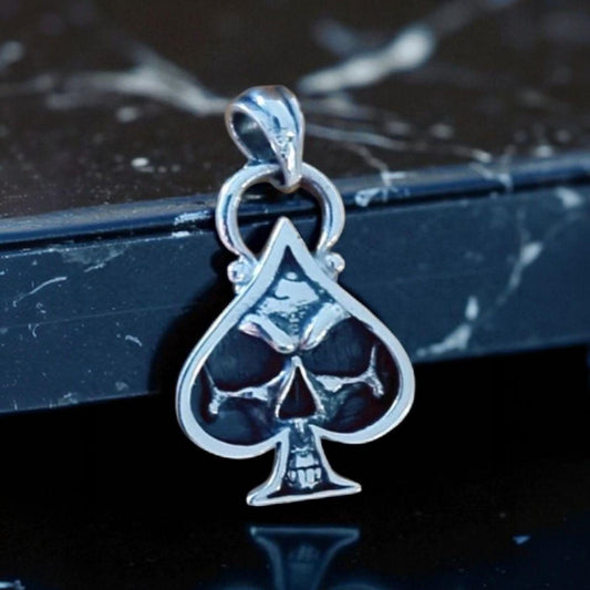 Handmade Sterling Silver Ace of Spades Skull Pendant: Gothic Punk Jewelry