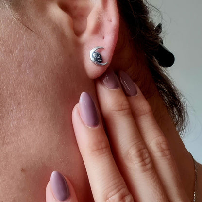 Handmade Gothic Skull Crescent Stud Earrings: 925 Sterling Silver