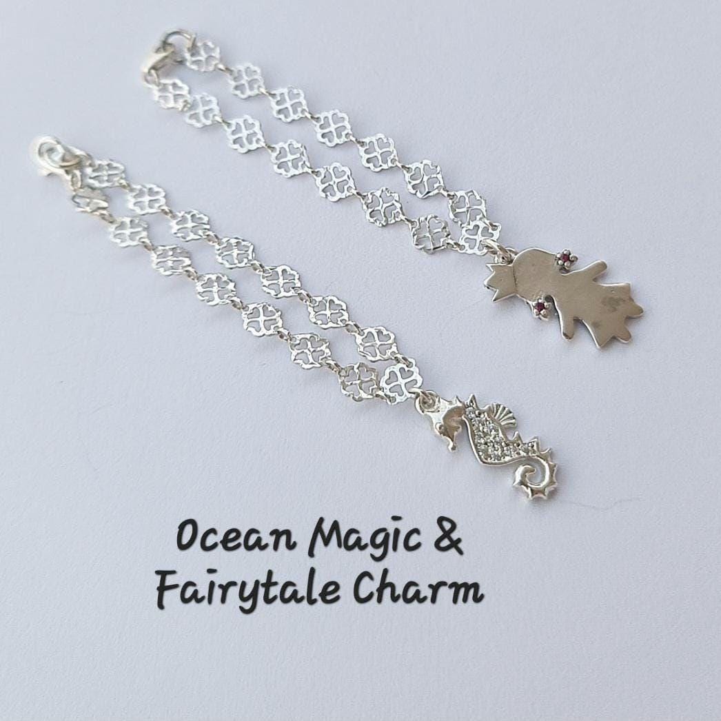 Children’s Sterling Silver Bracelets – Seahorse with Sparkling Stones & Little Princess Charm – 15cm Floral Chain