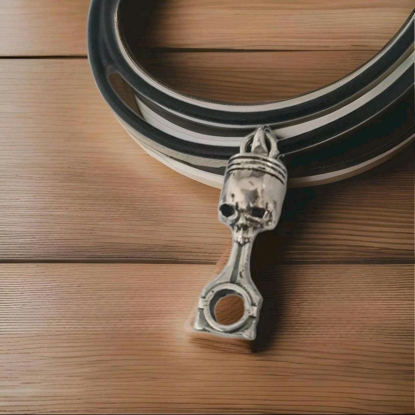 Handmade Sterling Silver Skull Piston Pendant - Gothic Biker Charm