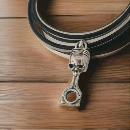 Handmade Sterling Silver Skull Piston Pendant - Gothic Biker Charm