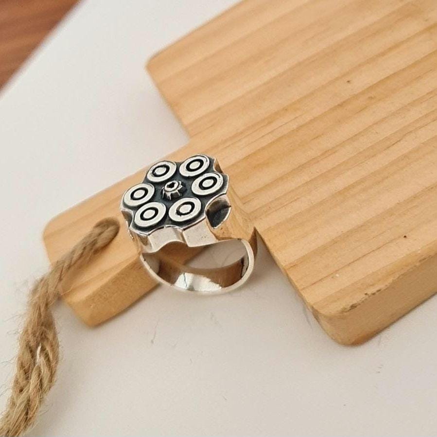 Bullet Revolver Ring - Ammo Signet Ring: Sterling Silver  Bullet Casing, Rebel Biker Style, Magnum Revolver Gun Cylinder Ring