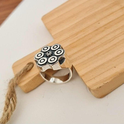 Bullet Revolver Ring - Ammo Signet Ring: Sterling Silver  Bullet Casing, Rebel Biker Style, Magnum Revolver Gun Cylinder Ring