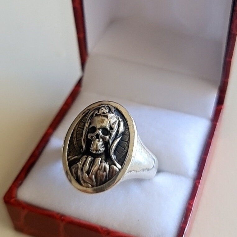 Handmade Santa Muerte Skull Ring: Gothic 925 Silver Jewelry