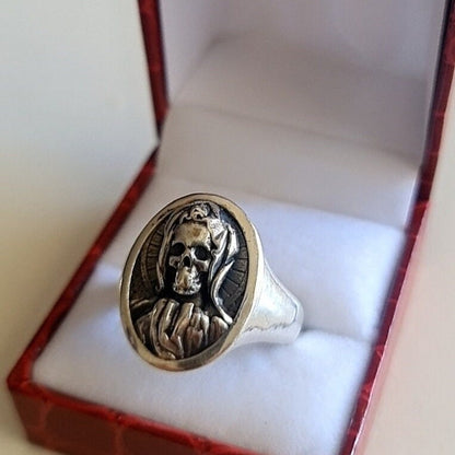 Handmade Santa Muerte Skull Ring: Gothic 925 Silver Jewelry