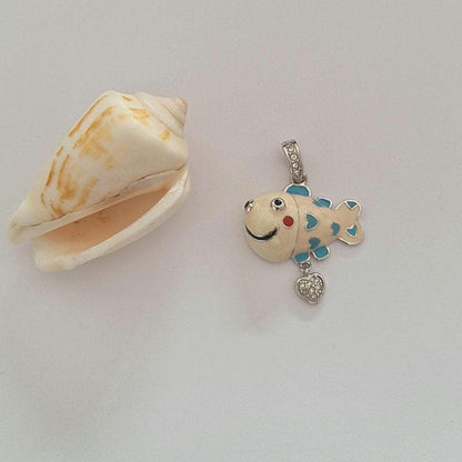 Silver Enamel Fish Necklace • 925 Sterling Silver Figaro Chain 50cm • Ocean Jewelry • Colorful Fish Pendant