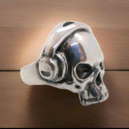 Handmade 925 Sterling Silver DJ Skull Ring with Headphones
