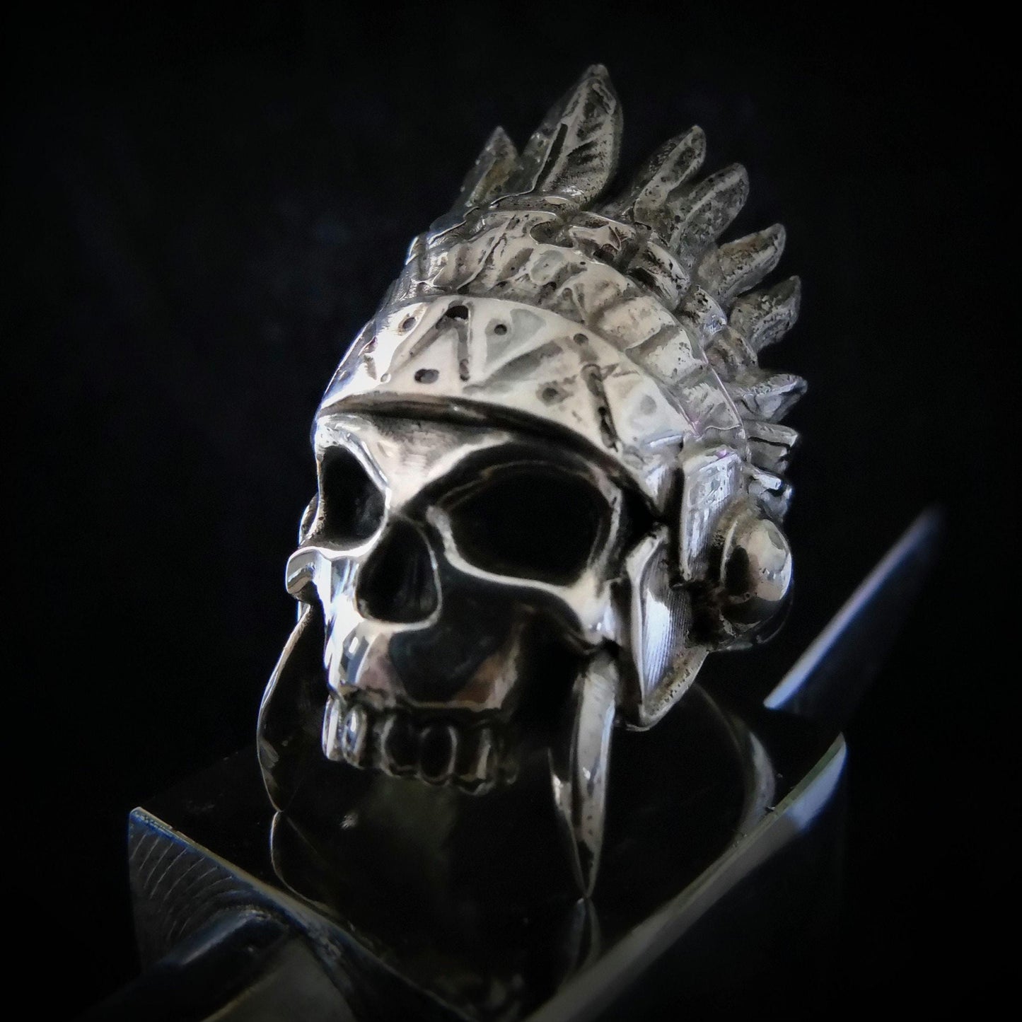 Handmade 925 Sterling Silver Native American Skull Ring: Gothic Chief Indian