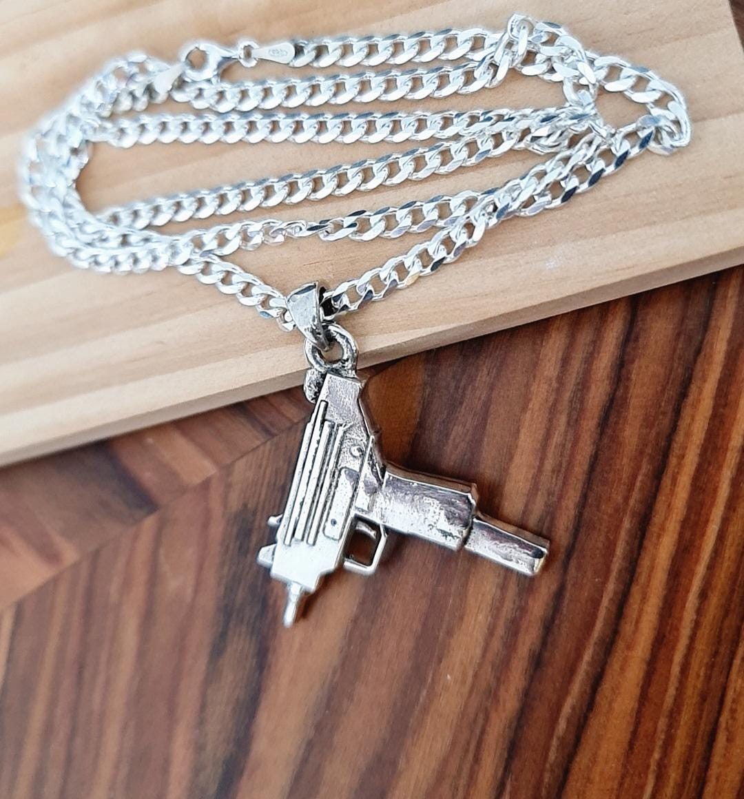 Uzi gun pendant, 925 sterling Silver weapon style, Army jewelry,  handmade steampunk