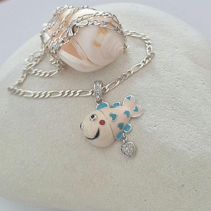 Silver Enamel Fish Necklace • 925 Sterling Silver Figaro Chain 50cm • Ocean Jewelry • Colorful Fish Pendant