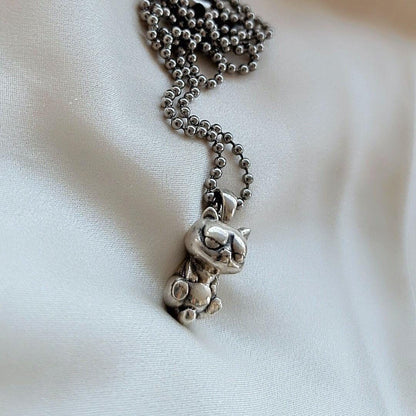 Handmade Sterling Silver Lazy Kitten Pendant - Cat Lover Jewelry