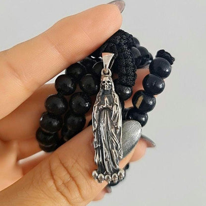 Handmade 925 Silver Santa Muerte Rosary Necklace: Gothic Grim Reaper