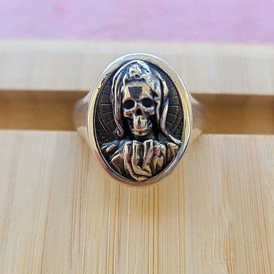 Handmade Santa Muerte Skull Ring: Gothic 925 Silver Jewelry
