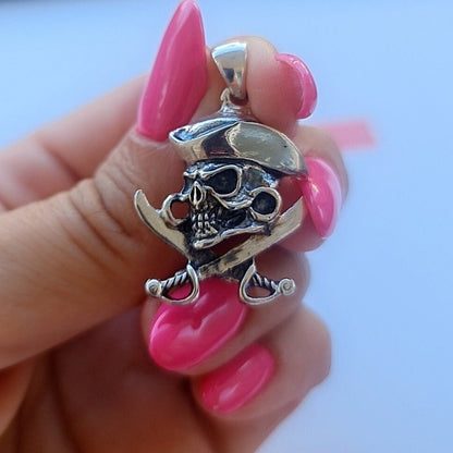 Handmade Silver Pirate Skull Necklace: Cross Swords Pendant