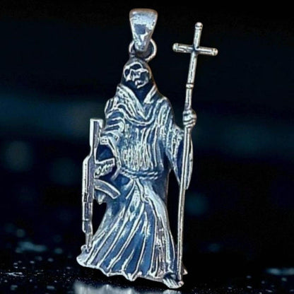 La Santa Muerte 925 Sterling Silver pendant holding a Cross and a Gun - 5CM ( 2 INCHES )