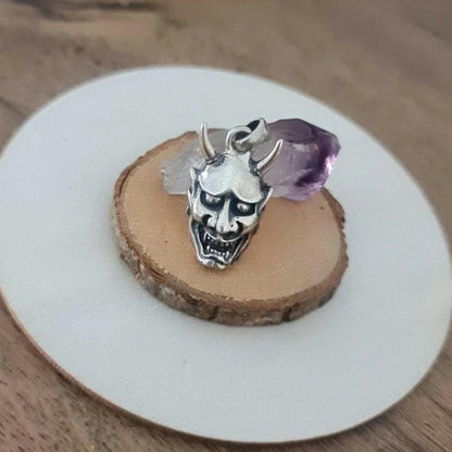 Sterling Silver Japanese Oni Mask Pendant: Gothic Biker Jewelry