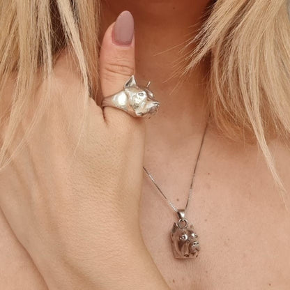 Handmade Sterling Silver Pitbull Ring: Dog Lover Gift