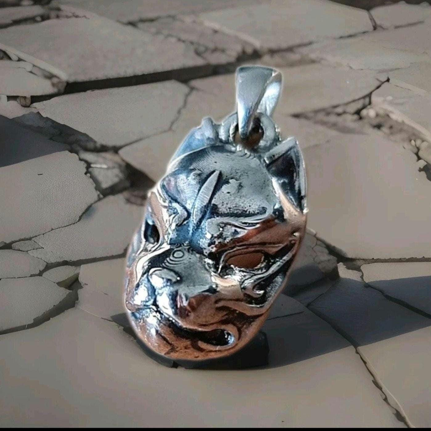 Sterling Silver Japanese Kitsune Fox Mask Pendant: Edgy Inari Necklace