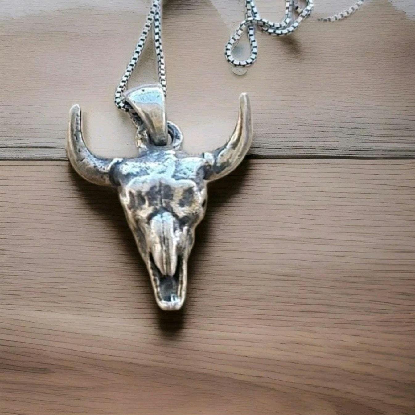 Handmade Buffalo Skull 925 Silver Necklace: Gothic Western Jewelry