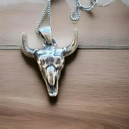 Handmade Buffalo Skull 925 Silver Necklace: Gothic Western Jewelry