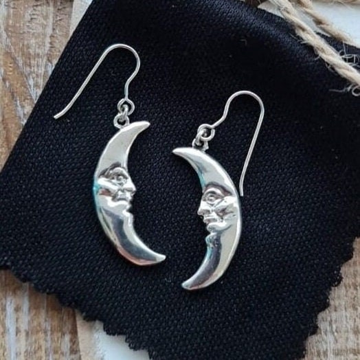 Sterling Silver Moon Face Earrings: Handmade Celestial Jewelry