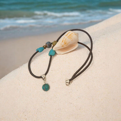 Genuine Turquoise Bead Necklace | 45 cm PU Cord with Silver Bail & Silver Clasp |December Birthstone