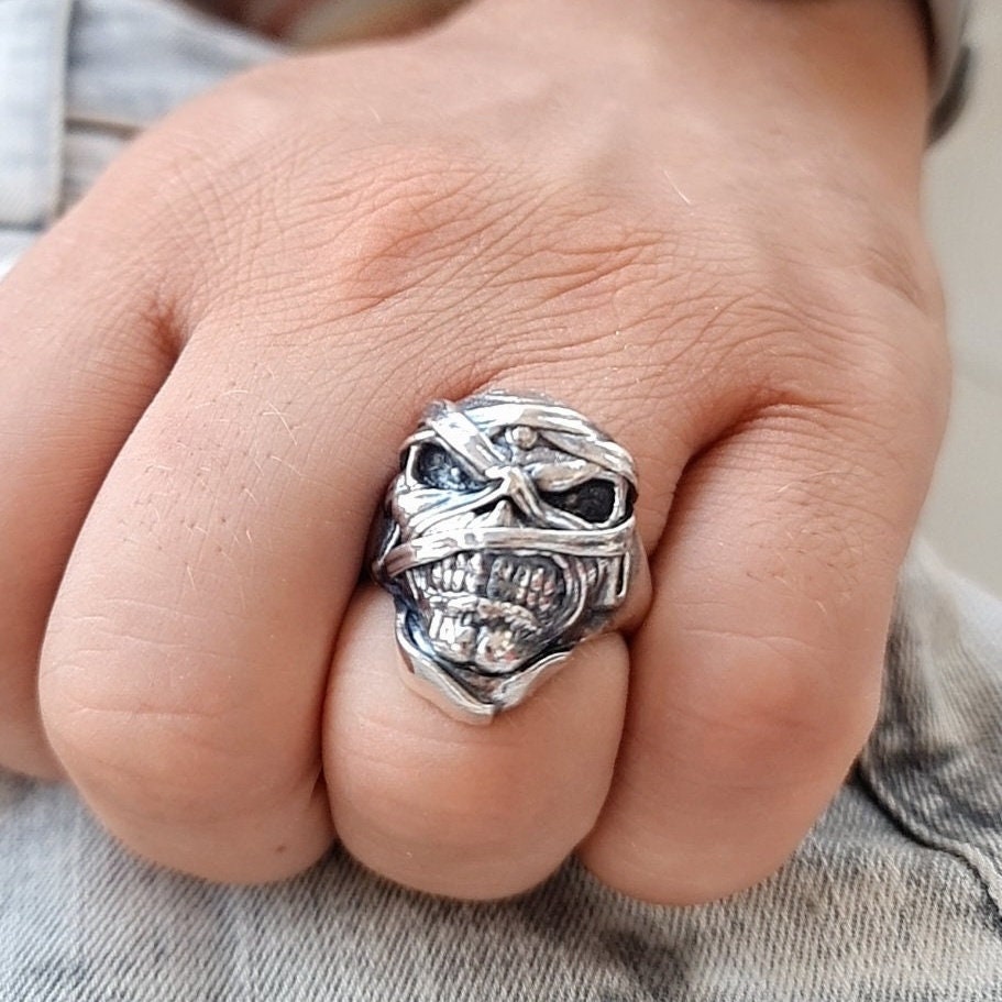 Iron Maiden Powerslave - Eddie Mummy Skull Ring – Egyptian Rock Jewelry – Unique Heavy Metal Statement Handmade Sterling Silver