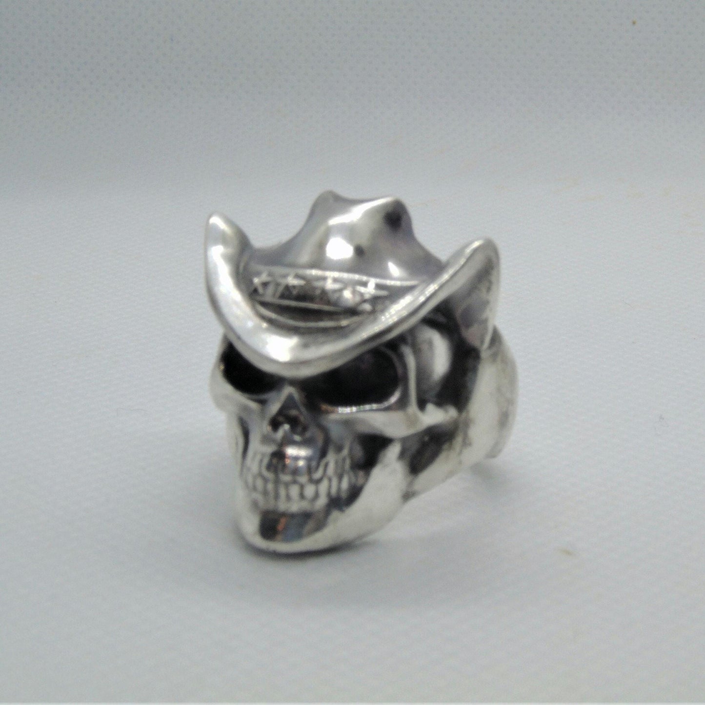Handmade Sterling Silver Cowboy Skull Ring - Gothic Biker Jewelry