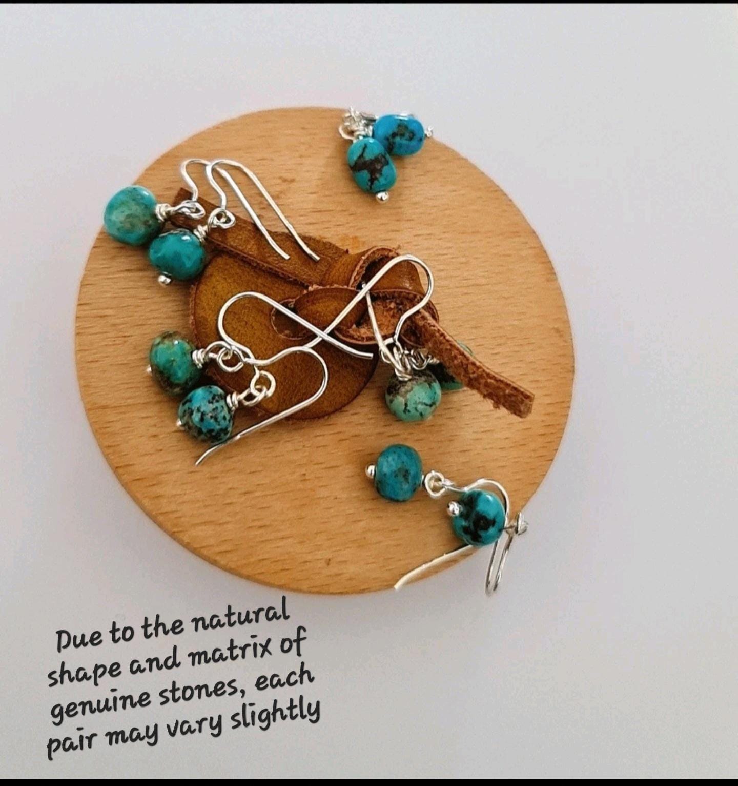 Natural Turquoise Bead Dangle Earrings – Sterling Silver Hook Earrings – Genuine Stone with Unique Matrix