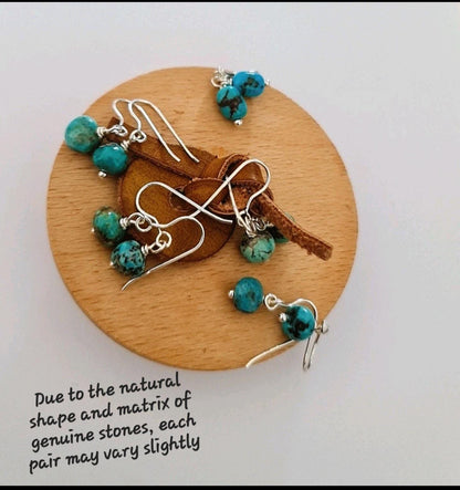 Natural Turquoise Bead Dangle Earrings – Sterling Silver Hook Earrings – Genuine Stone with Unique Matrix