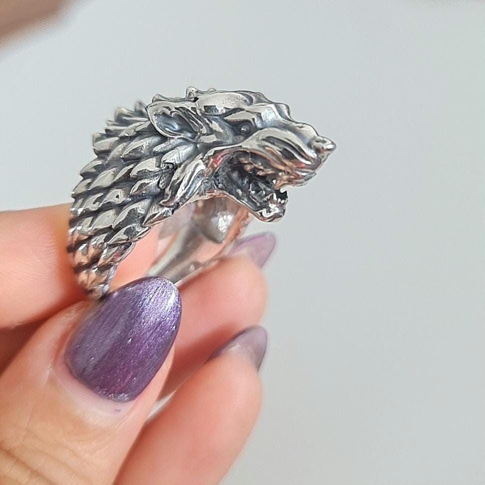 Sterling Silver Game of Thrones Direwolf Winter is Coming Ring: Handmade Viking Wolf Head Jewelry