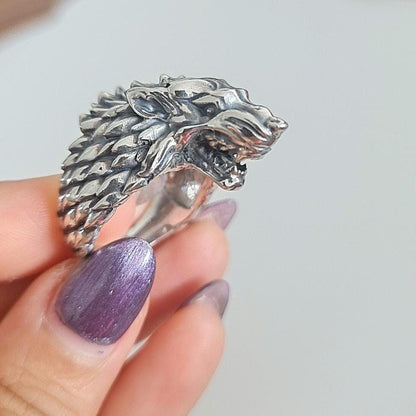 Sterling Silver Game of Thrones Direwolf Winter is Coming Ring: Handmade Viking Wolf Head Jewelry