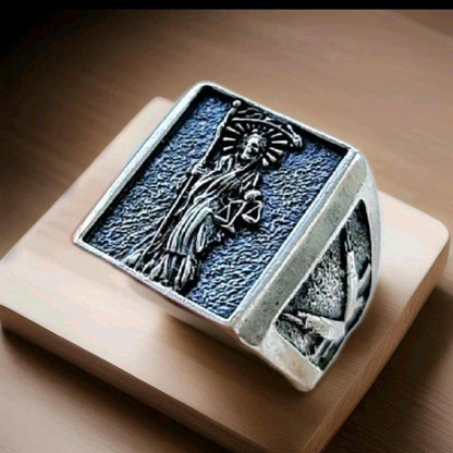 Handmade Santa Muerte Silver Ring: Divine Protection Skull Jewelry