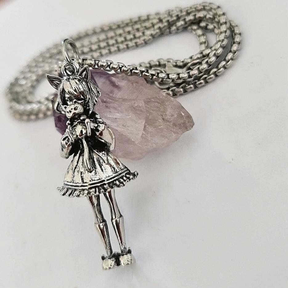 Anime Catgirl Necklace: Pewter Art Deco Pendant, Stainless Steel Chain