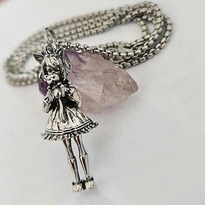 Anime Catgirl Necklace: Pewter Art Deco Pendant, Stainless Steel Chain