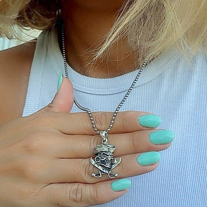 Handmade Silver Pirate Skull Necklace: Cross Swords Pendant