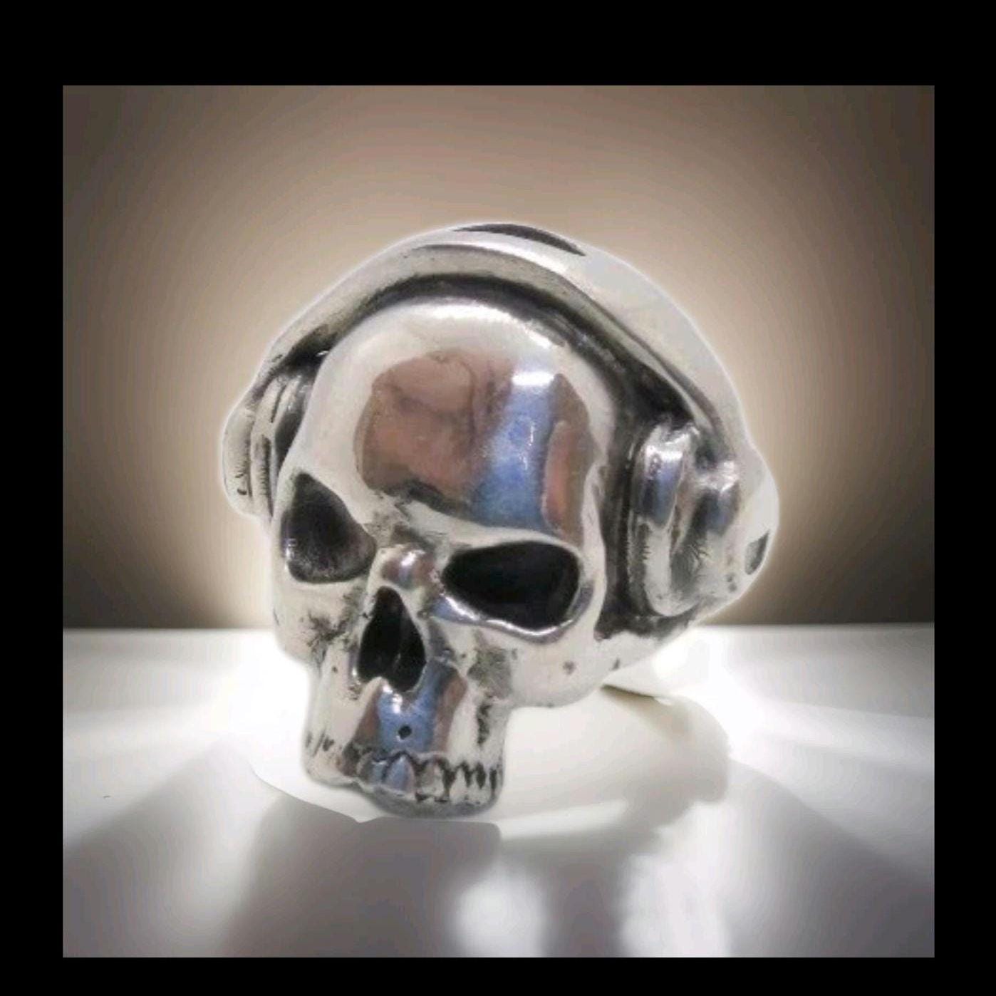 Handmade 925 Sterling Silver DJ Skull Ring with Headphones