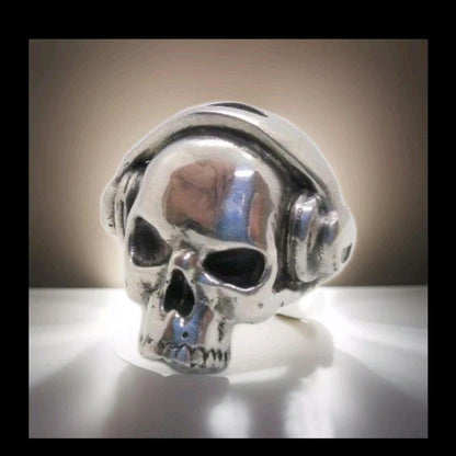 Handmade 925 Sterling Silver DJ Skull Ring with Headphones