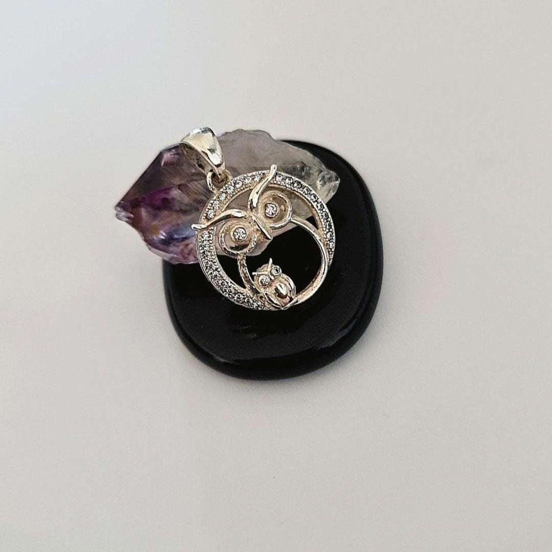 Sterling Silver Mummy & Baby Owl Pendant: Sparkling Stone Eyes
