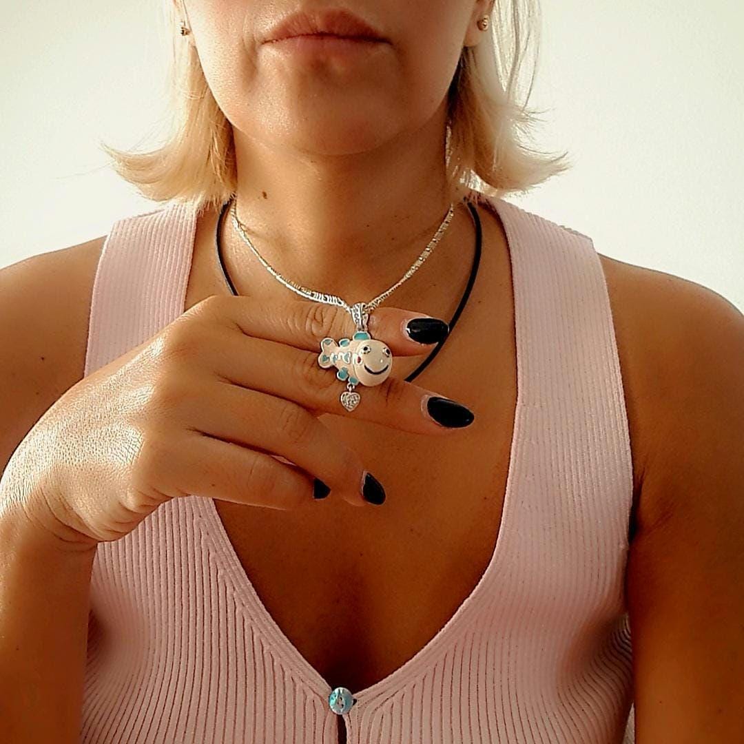 Silver Enamel Fish Necklace • 925 Sterling Silver Figaro Chain 50cm • Ocean Jewelry • Colorful Fish Pendant