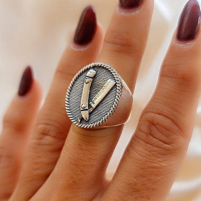 Handmade Sterling Silver Barber Razor Signet Ring -  Gothic Style