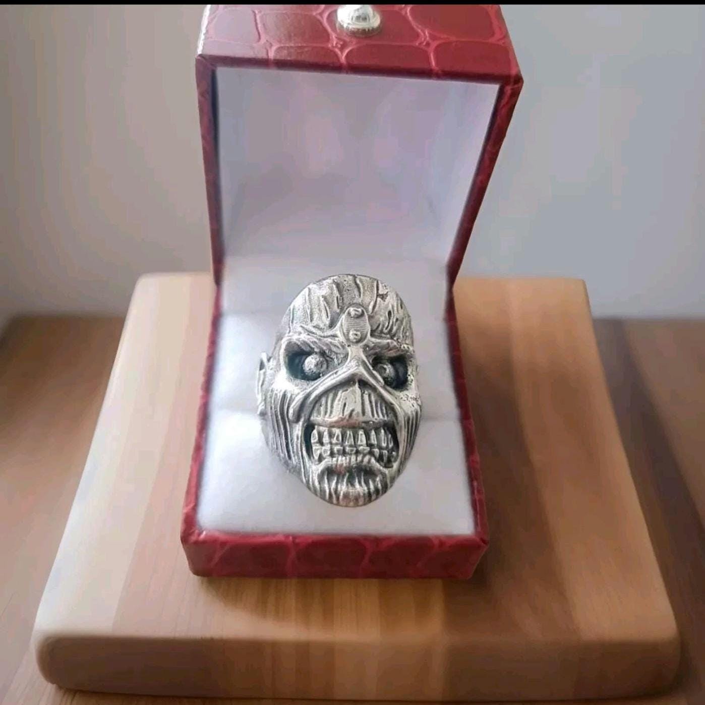 Handmade Sterling Silver Iron Maiden Eddie Skull Ring - Biker Punk Rock