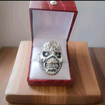 Handmade Sterling Silver Iron Maiden Eddie Skull Ring - Biker Punk Rock