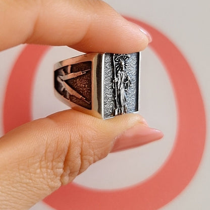 Handmade Santa Muerte Silver Ring: Divine Protection Skull Jewelry